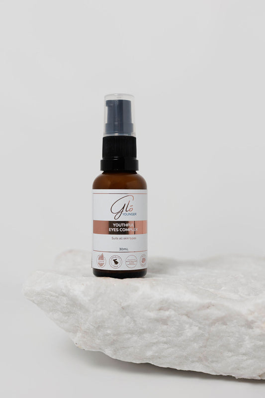 Glo Younger Youthful Eyes Complex bottle on stone